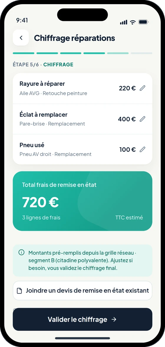 Écran de chiffrage : trois lignes de réparation avec leur coût et le total.