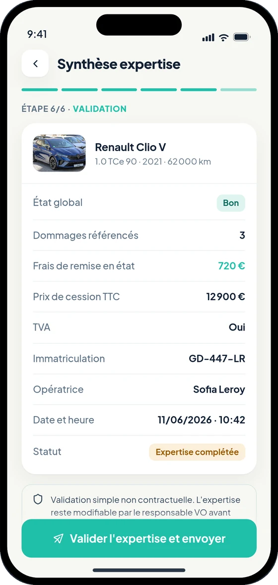 Écran de synthèse avec l’état global et le bouton d’envoi.
