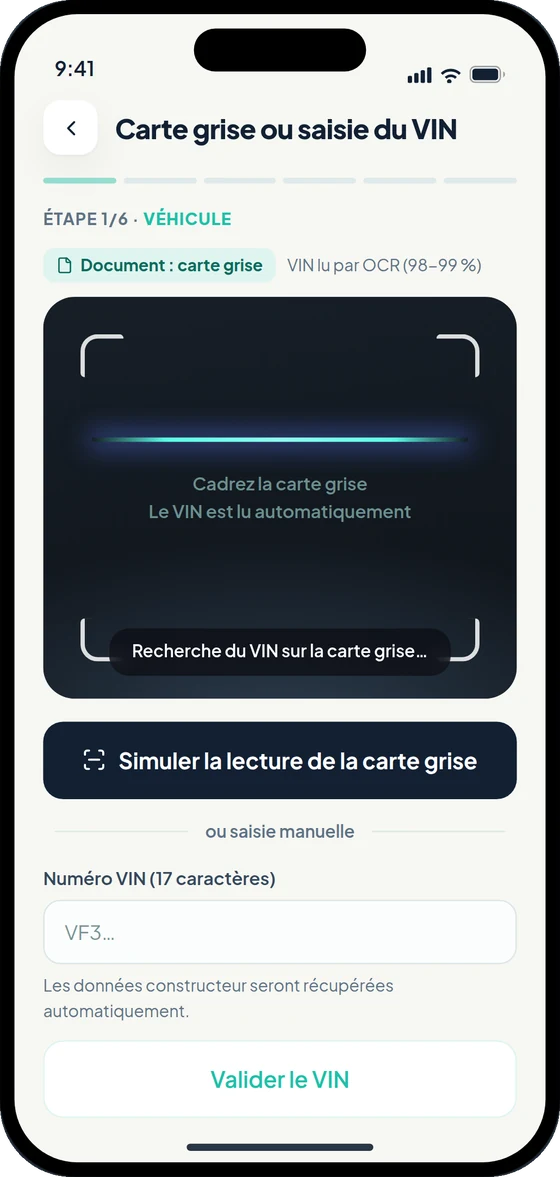 Écran de saisie du VIN, avec le cadre de lecture de la carte grise.
