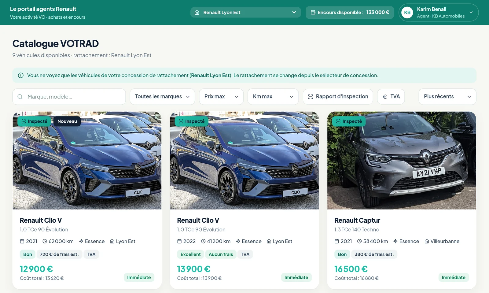Catalogue VOTRAD : filtres et cartes véhicules avec le badge Inspecté, l’état global, le prix et le coût total.