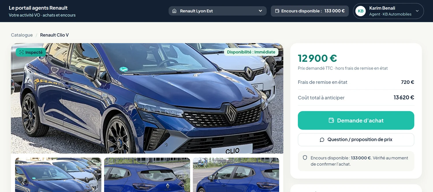 Fiche véhicule côté négociant : photos, prix de vente, frais de remise en état et coût total à anticiper.